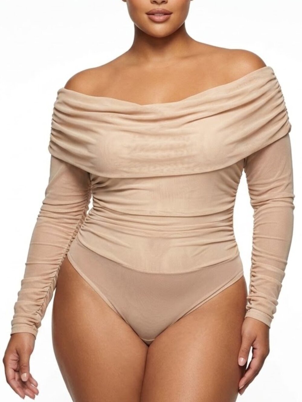 Fashion Nova Whimsigoth Beige Mesh Off-The-Shoulder Ruched Thong Bodysuit 3XL